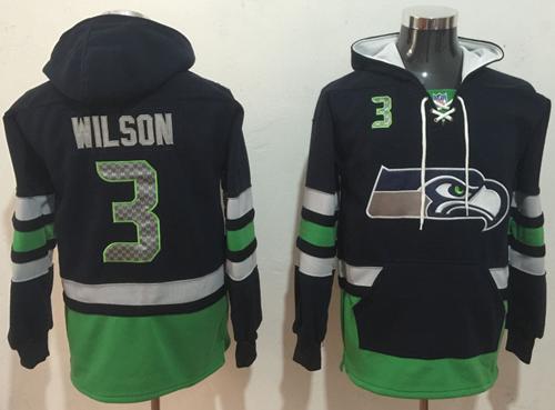 Nike Seahawks #3 Russell Wilson Navy Blue/Green Name & Number Pullover NFL Hoodie